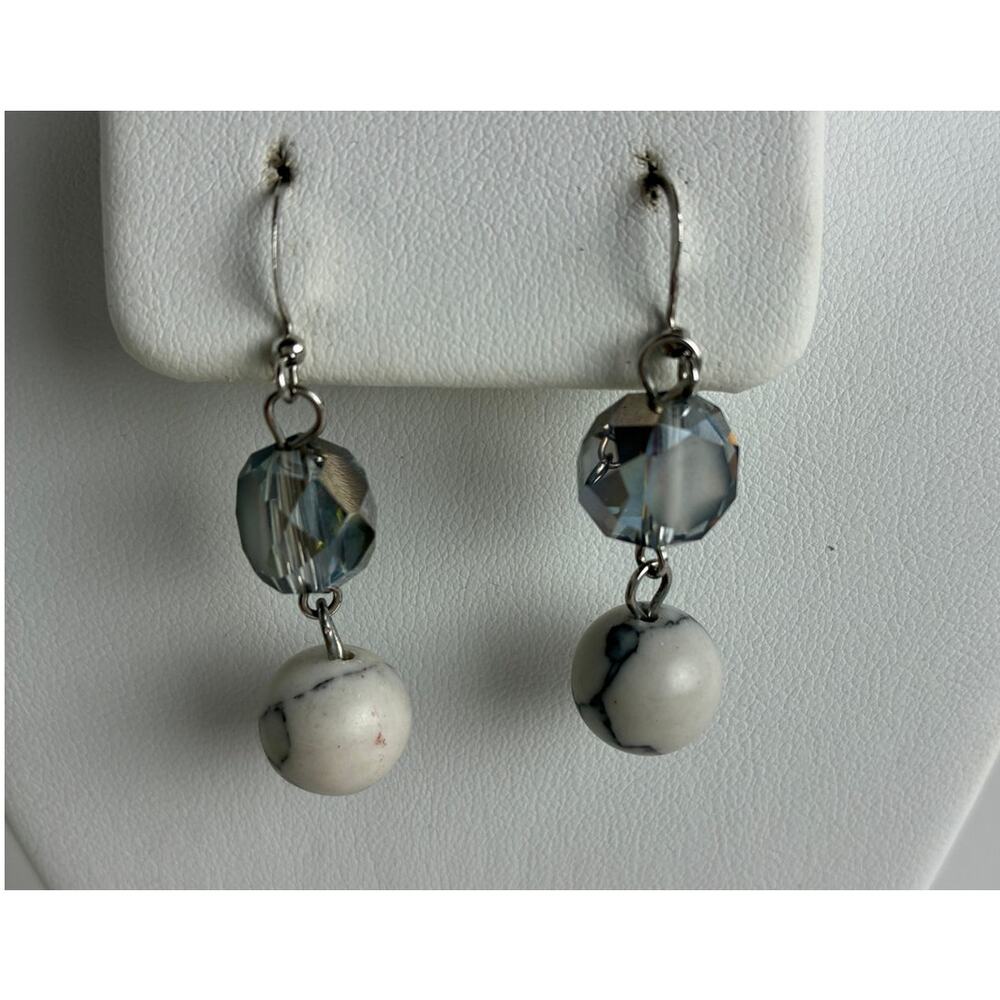 Earrings Handcrafted Dangle Faceted Smoky Bead Howlite Fishhook Drop 1.75 Ins.